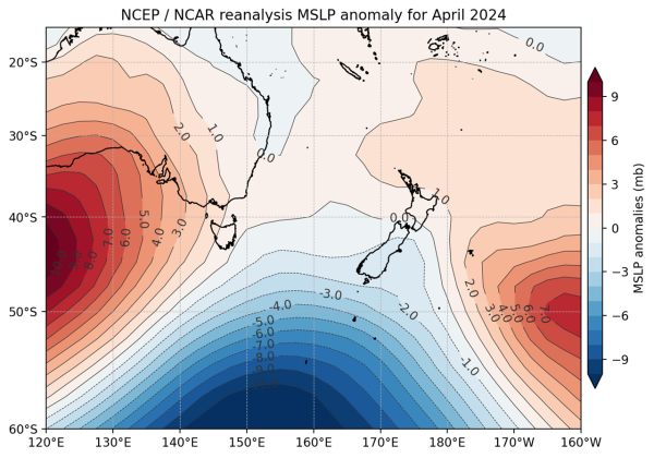 Mean Sea Level Pressure (MSLP) anomaly map for April 2024.