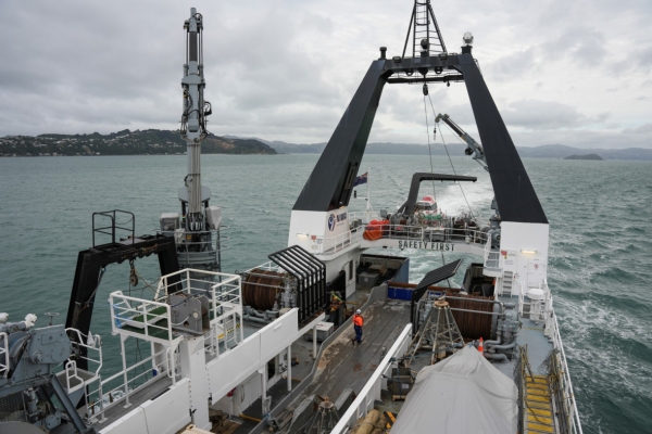 NIWA's research vessel RV Tangaroa departing Wellington Harbour