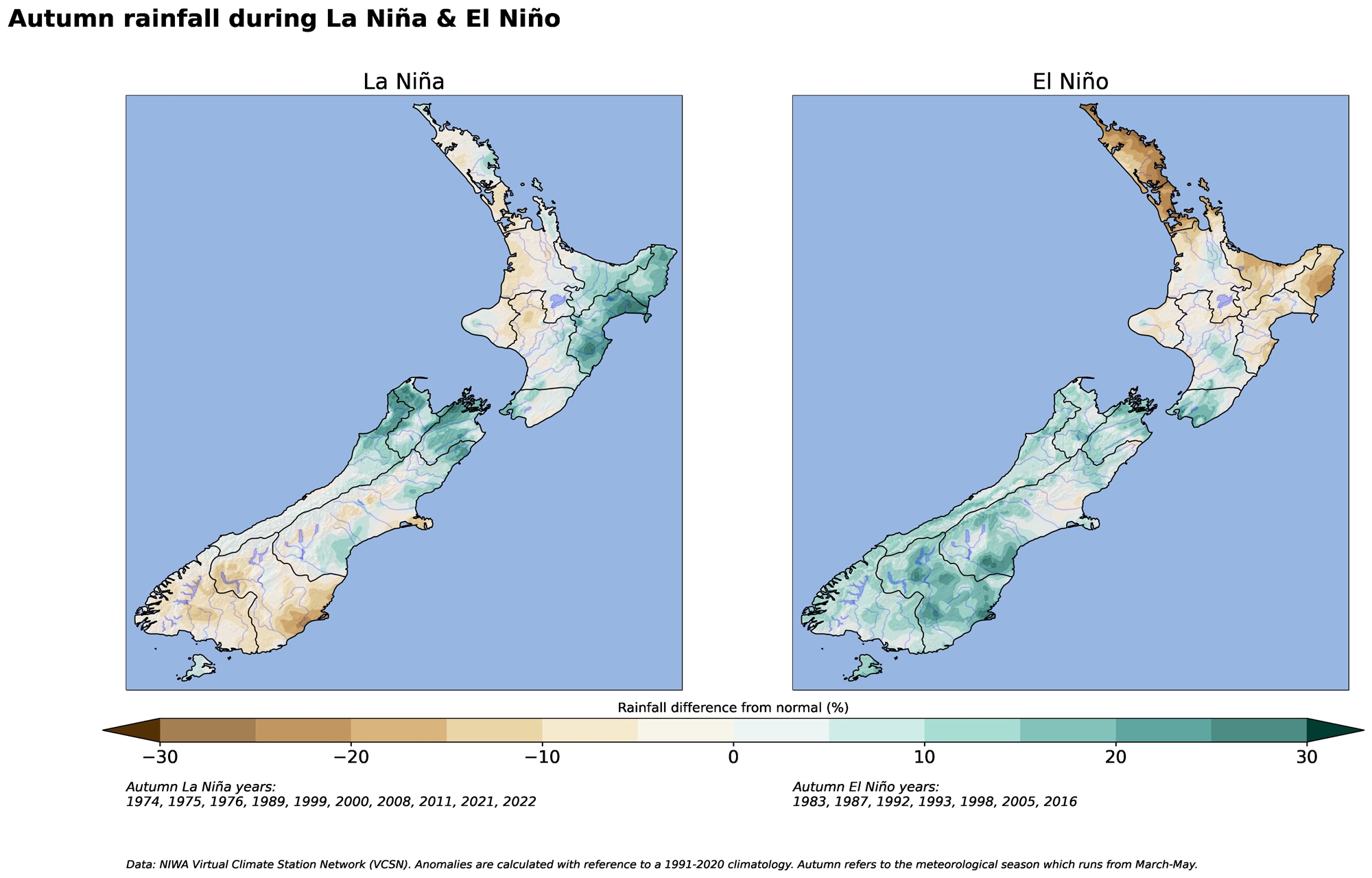 New Zealand maps of % difference of autumn rainfall from normal during La Niña and El Niño from year 1974 to 2022.