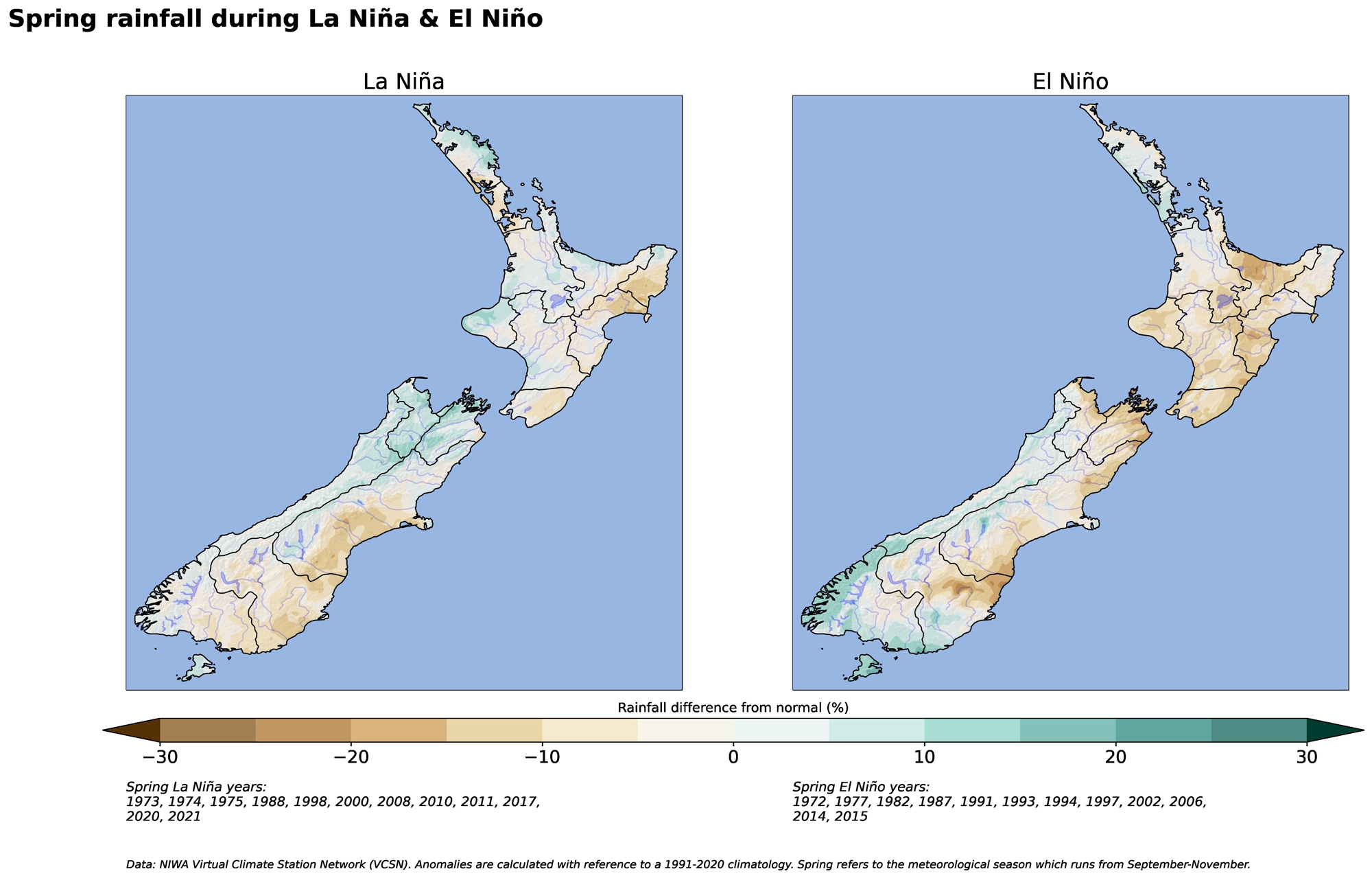 New Zealand maps of percentage difference of spring rainfall from normal during La Niña and El Niño from the year 1973 to 2022.