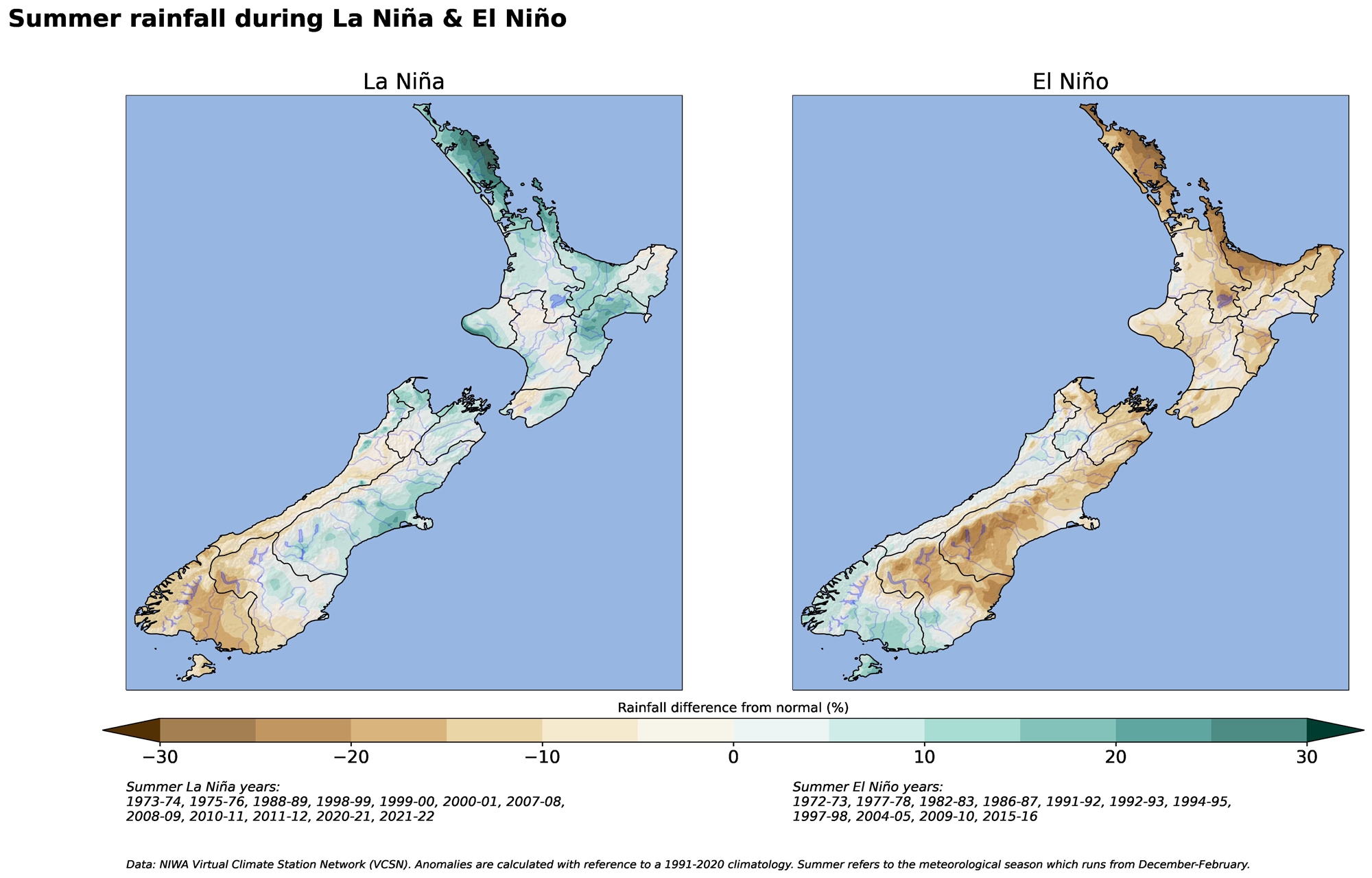 New Zealand maps of percentage difference of summer rainfall from normal during La Niña and El Niño from year 1973 to 2022.