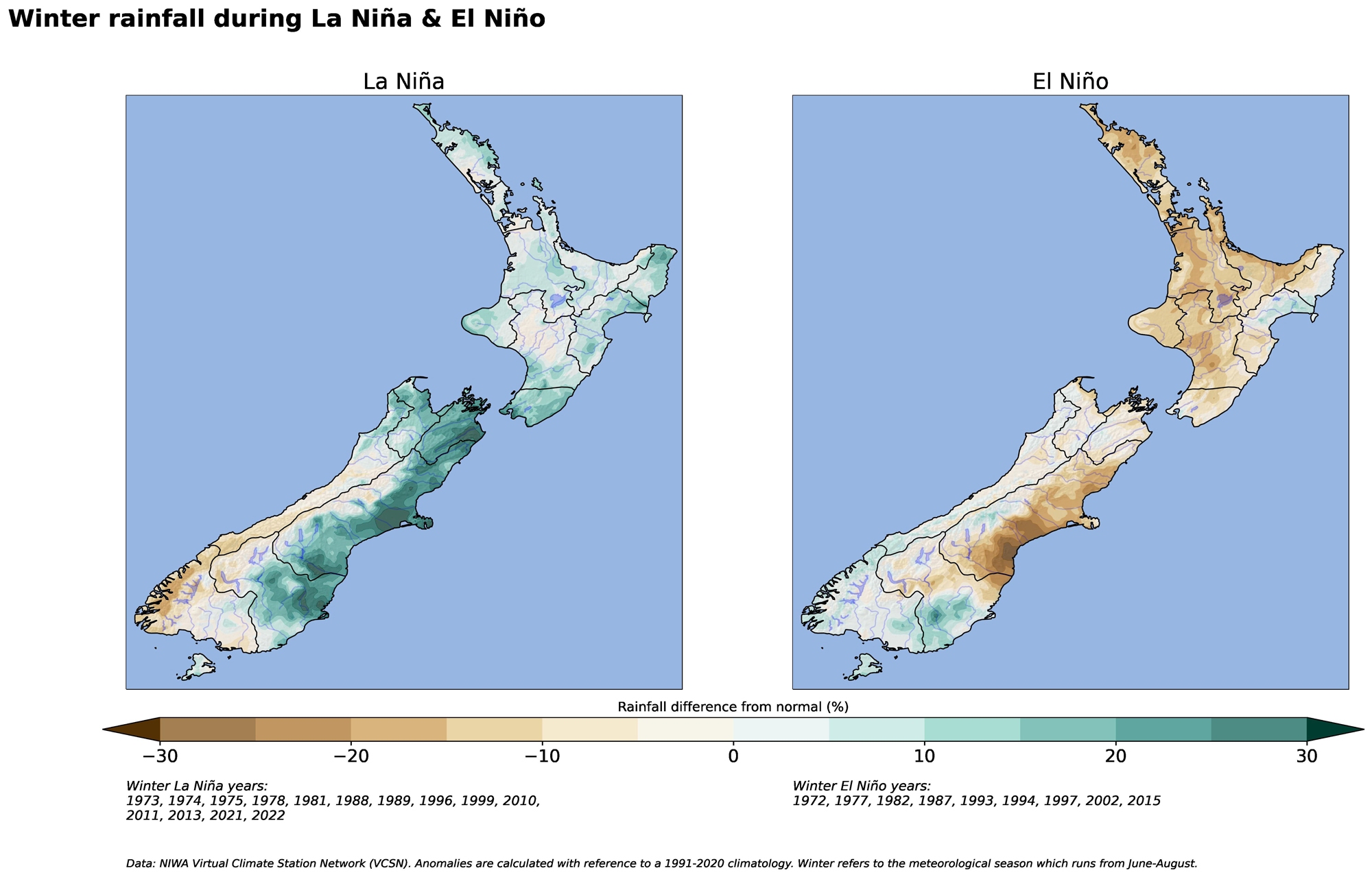 New Zealand maps of percentage difference of winter rainfall from normal during La Niña and El Niño.