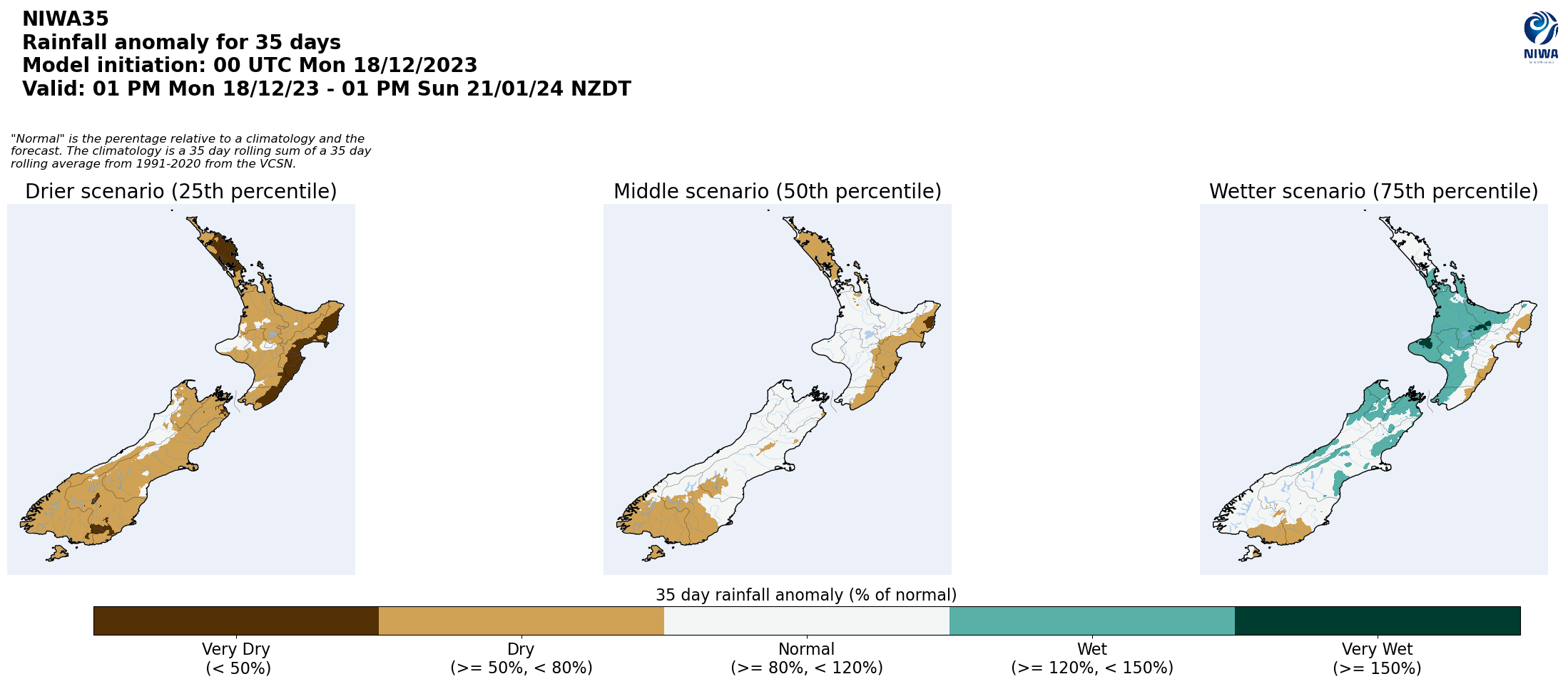 NZ rain anomaly for 35 days from 18 December 2023 [NIWA].