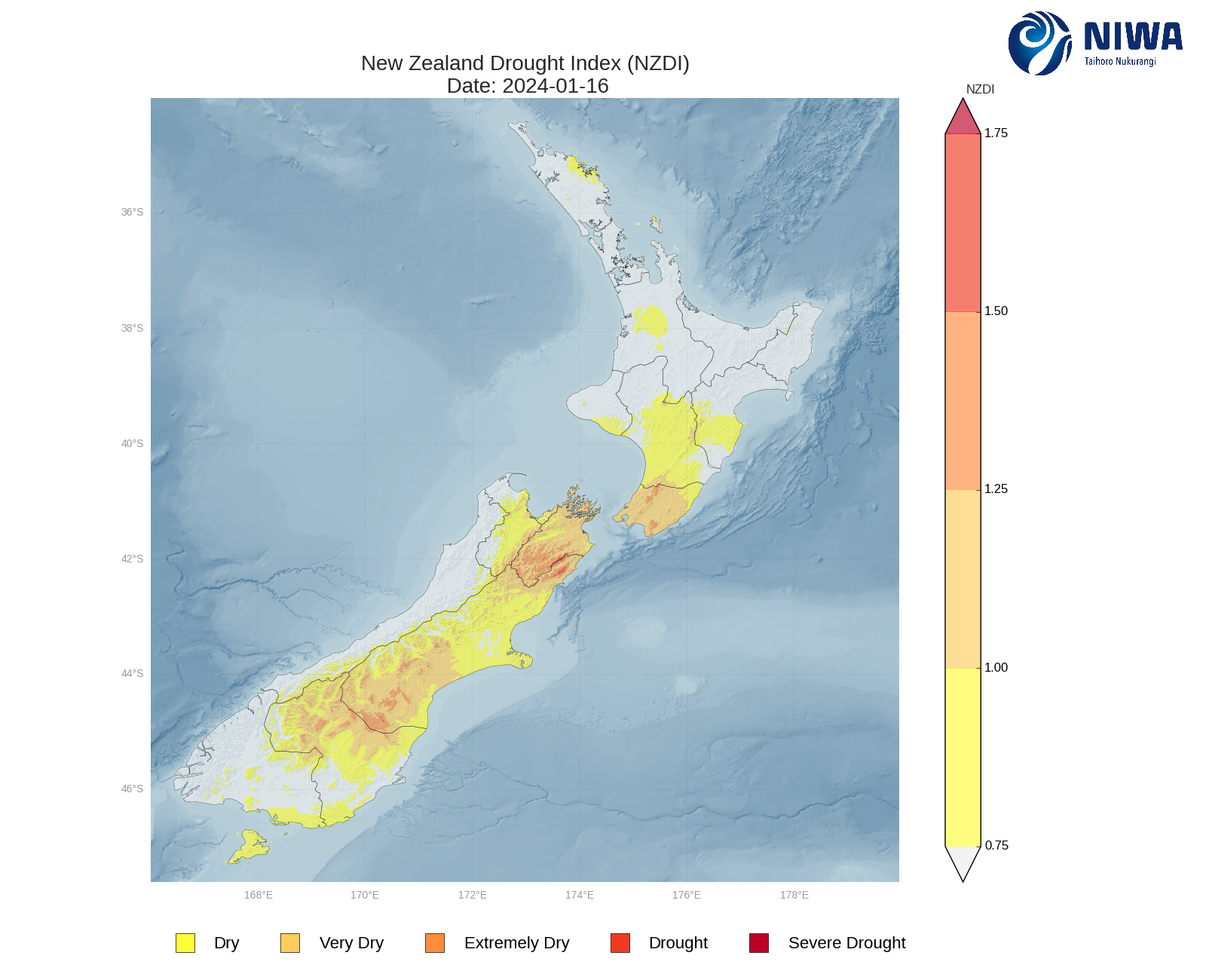 New Zealand Drought Index (NZDI) - 16 January 2024. [NIWA]