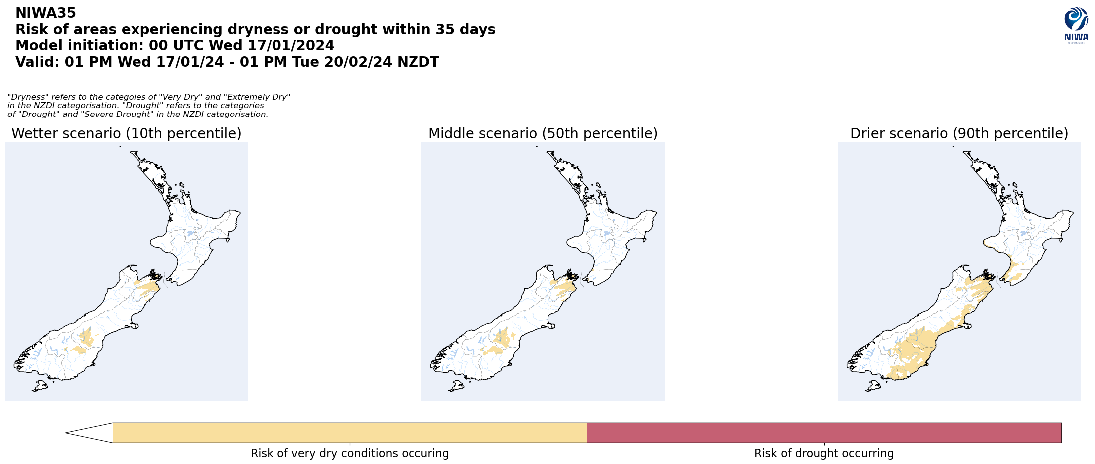Risk of areas experiencing dryness or drought within 35 days from 17 January 2024. [NIWA]