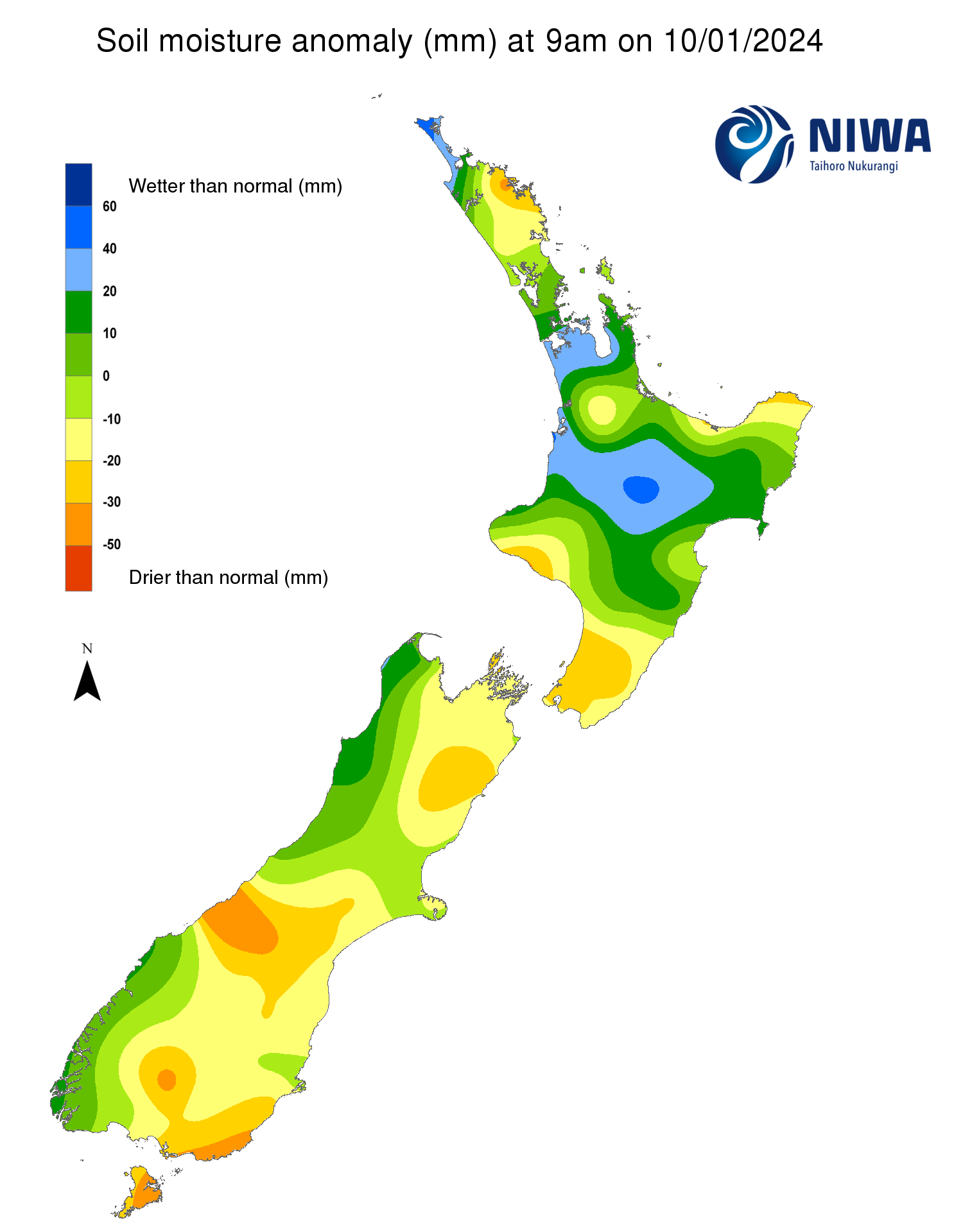 Soil moisture anomaly map (mm) at 9am on 10 January 2024. [NIWA]