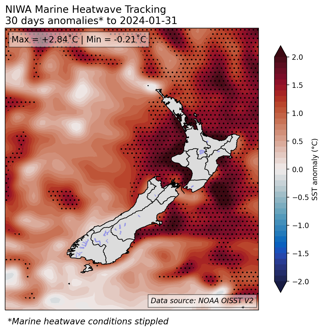 30-day SST anomalies and marine heatwave conditions (stippled ...