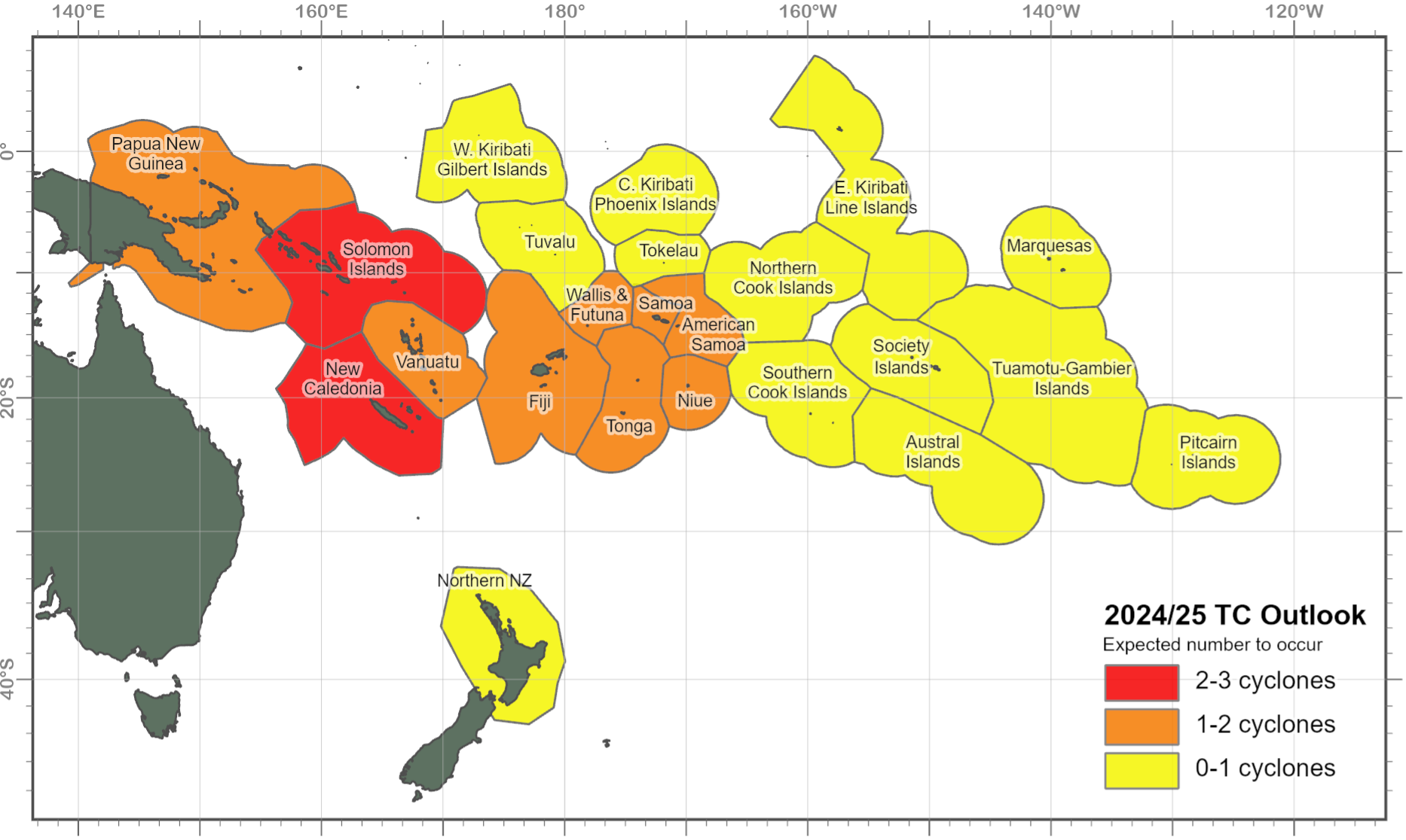 Figure 2: Number of predicted named tropical cyclones interacting with an island group for the 2024-25 season