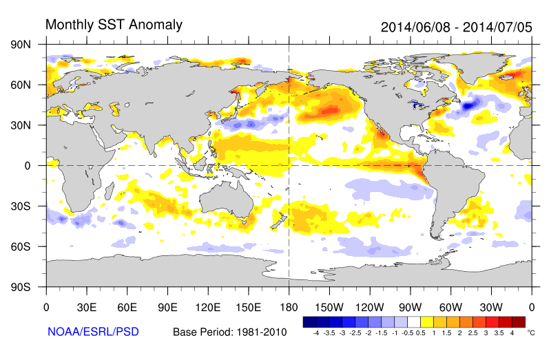 NOAA SST anomaly for June 2014 | NIWA