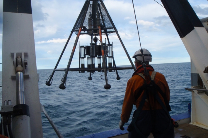 A multi-coring device used to take seabed samples in Kaikōura Canyon is brought back aboard NIWA research vessel Tangaroa. 