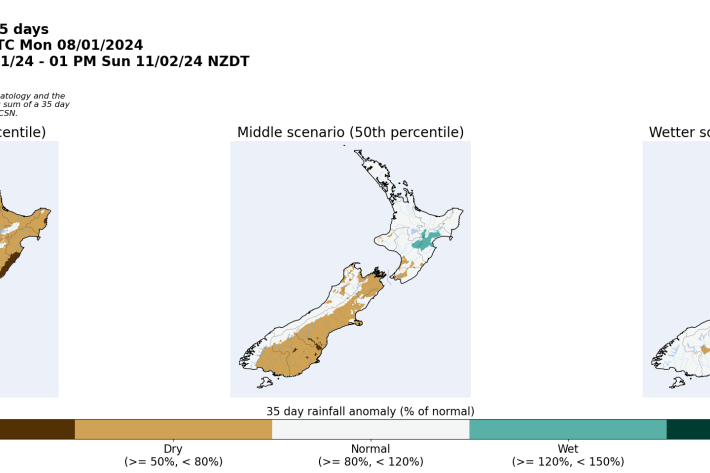 NZ rain anomaly for 35 days from 8 January 2024. [NIWA]