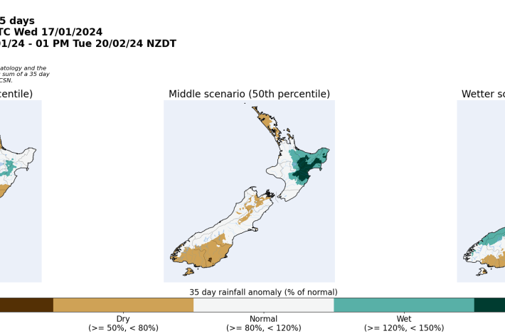 NZ rainfall anomaly for 35 days from 17 January 2024. [NIWA]
