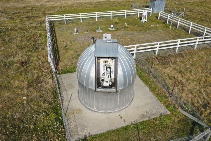 Aerial shot of Dobson ozone spectrophotometer dome. Measures total column Ozone.