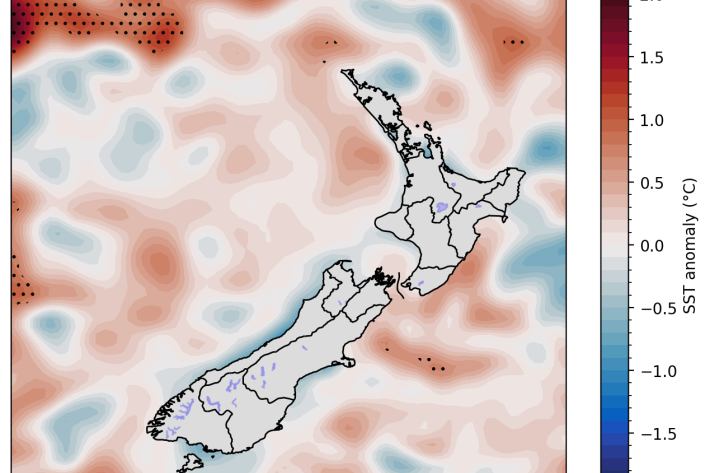 30-day SST anomalies and marine heatwave conditions (stippled), calculated with respect to the 1991-2020 climatological period.