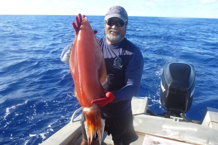 SPC master fisher William Sokimi with a diamondback squid [MoF].