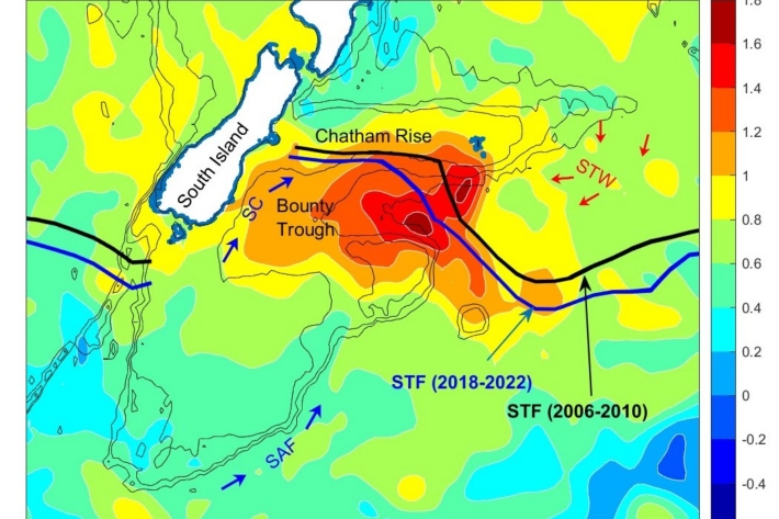 A graphic which shows the change in Sea Surface temperature between (2006-2010) and (2018-2022) along with a westward shift in the Subtropical front (STF).
