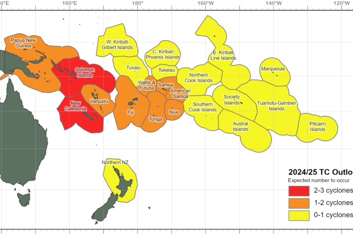 Figure 2: Number of predicted named tropical cyclones interacting with an island group for the 2024-25 season