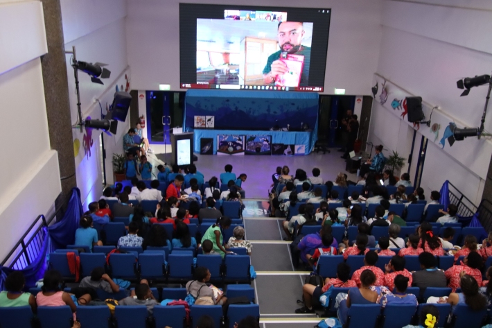 Giving a World Oceans Day live-ship tour to the school children attending the Veivueti Kids Ocean Conference in Suva, Fiji.
