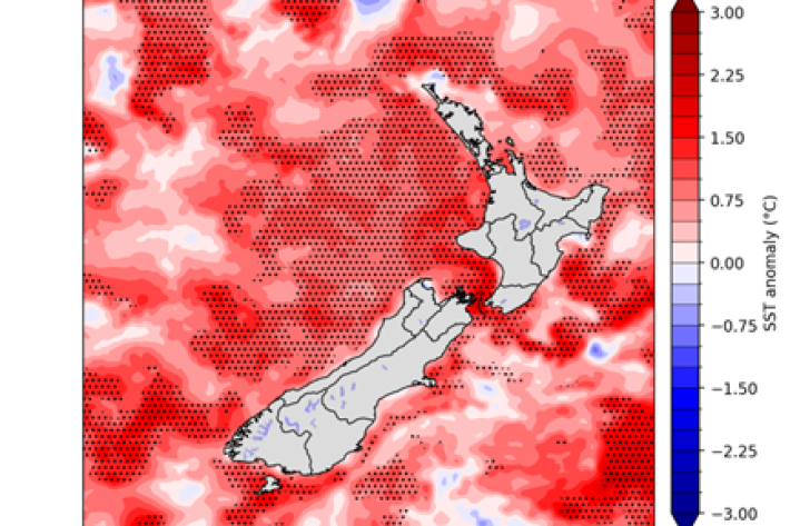 Figure 1: Latest daily SST anomalies and marine heatwave conditions (stippled), for the 29th of July 2025, calculated with respect to the 1991-2020 climatological period.