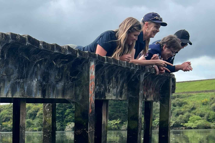 Earth Sciences NZ ecologists and visiting clam expert from Ireland, Prof. Frances Lucy, at Bob’s Landing on Lake Karāpiro. 