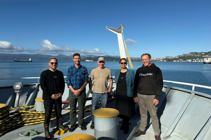 Nate Rowe (Mana Whenua Te Āti Awa o Te Upoko o te Ika), Joshu Mountjoy, Cliff Law, April Nepia-Su’a and Shade Smith (Ngāti Kahungunu) on RV Tangaroa before sailing on the RaGAS voyage to Te Matau-a-Māui Hawke Bay in May 2026.
