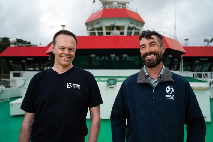 Joshu Mountjoy, NIWA and GNS computational geophysicist Science Christof Mueller aboard the RV Sonne.