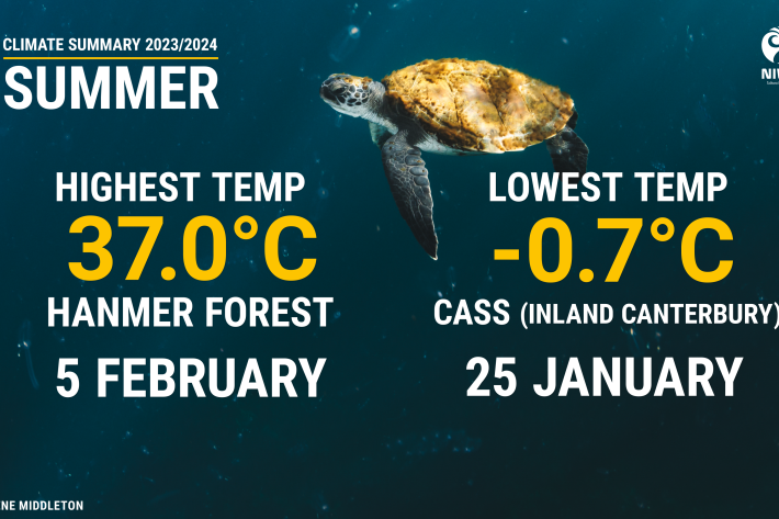 Summer climate summary 2023/2024: Highest temperature recorded was 37C at Hanmer Forest on 5 February. Lowest temperature recorded was -0.7C at CAss (Inland Canterbury) on 25th January. 