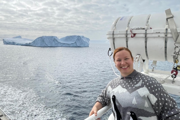 Marine biologist Svenja Halfter braves the cold for a photo with her matching jumper