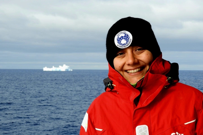 Pamela Olmedo-Rojas in front of one of the first ice bergs