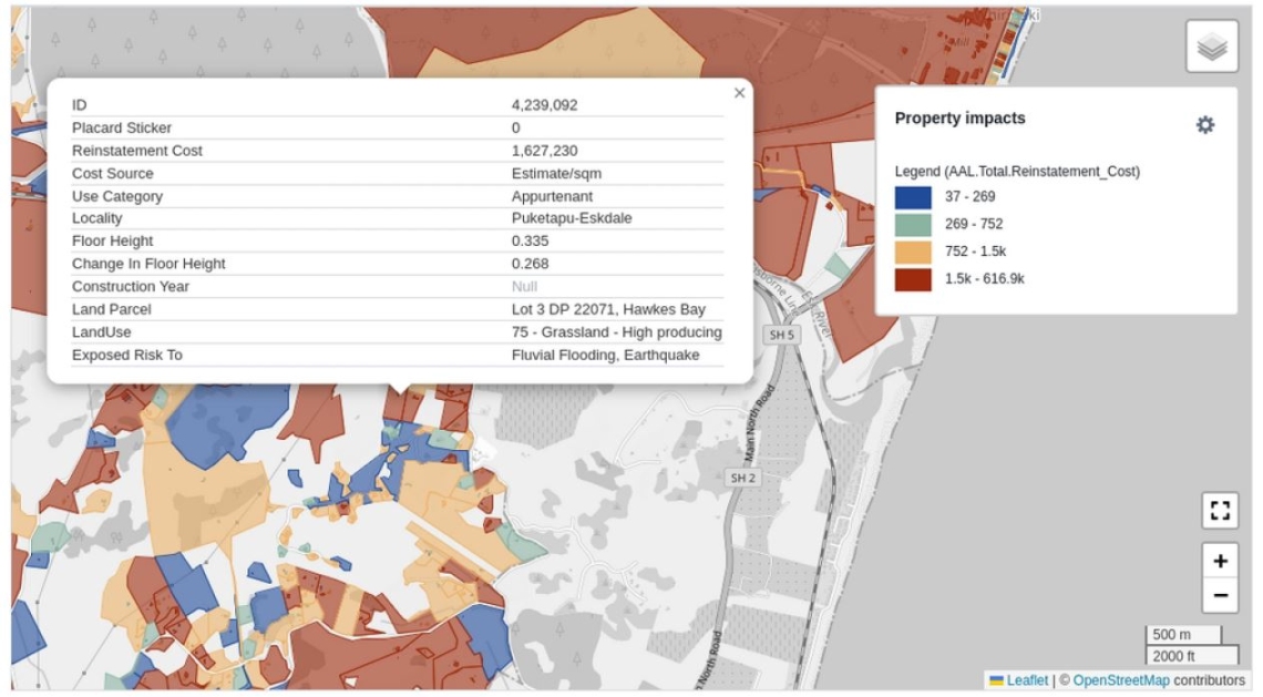 Planning tool map view showing property impacts and detail pop up. 