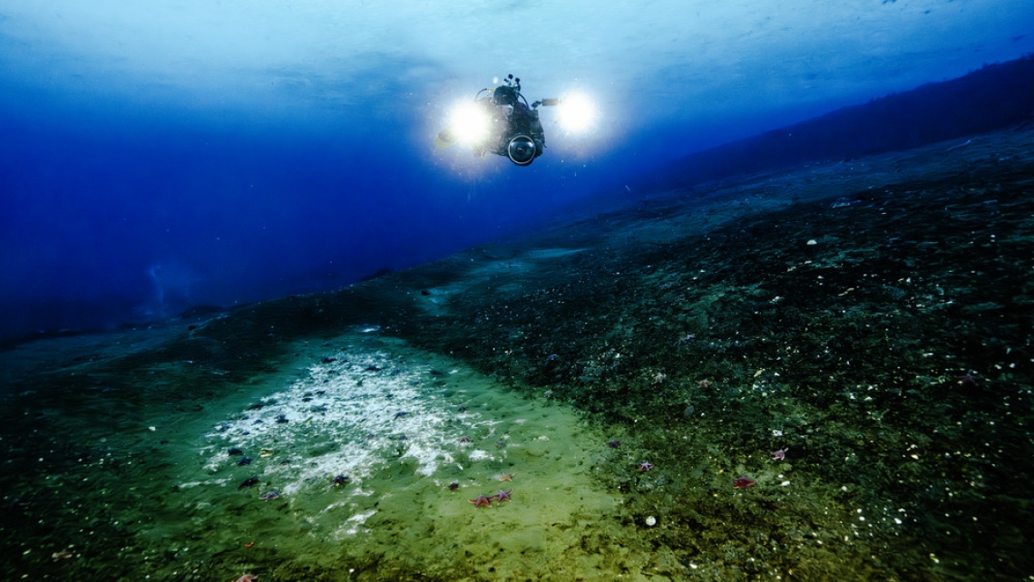 Divers surveying a methane seep at Cape Evans.