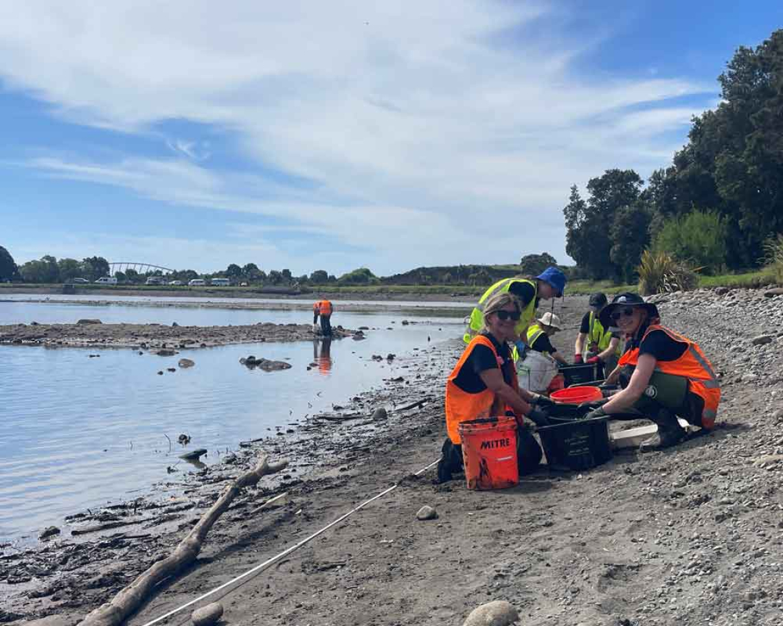 Earth Sciences NZ, Taranaki Regional Council and Blake Interns surveying clams