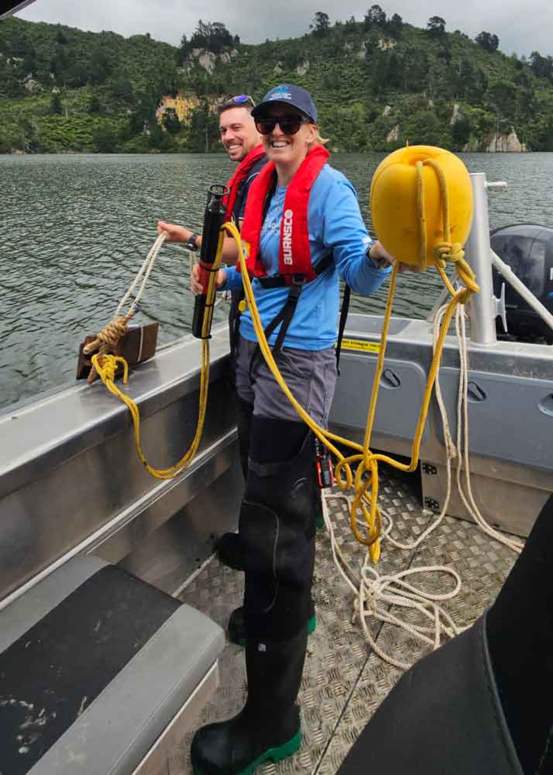 University of Waikato Dr Jenni Stanley and Waikato Regional councils Gordon Tieman deploying one of the SoundTrap ST600 hydrophones in Lake Whakamaru. 