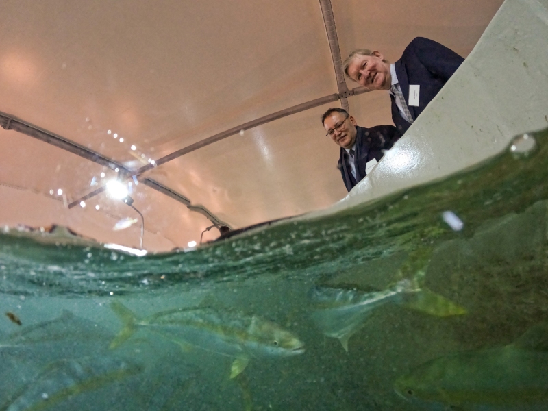 Whangarei MP Shane Reti and NIWA Chairman Barry Harris at the opening of the newly completed Recirculating Aquaculture System in Ruakaka Northland.