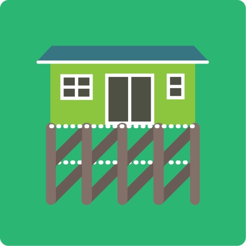 Redesign game card with vector graphic of a raised house against green background