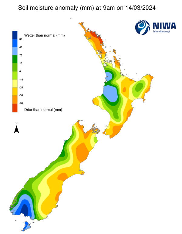 Soil moisture anomaly map (mm) at 9am on 14 March 2024
