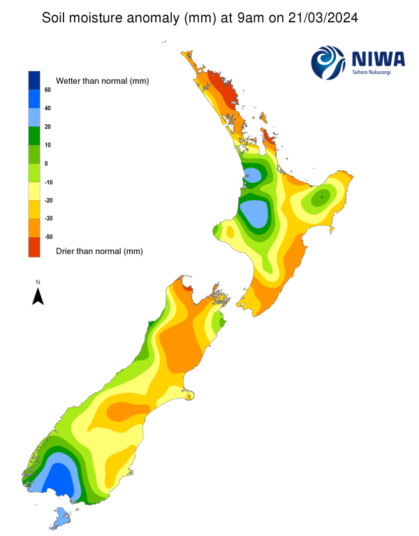 Soil moisture anomaly map (mm) at 9am on 14 March 2024. [NIWA]