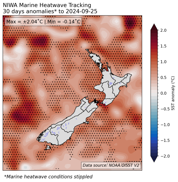 30-day SST anomalies and marine heatwave conditions (stippled), calculated with respect to the 1991-2020 climatological period.