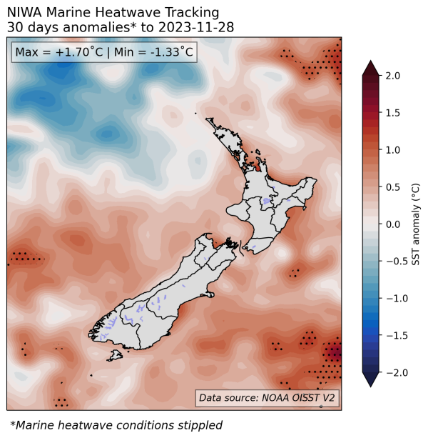 Marine heatwave map for New Zealand