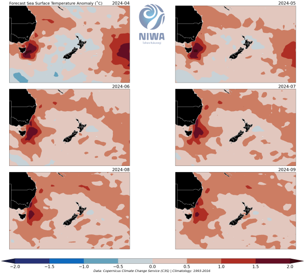 Sea surface temperature anomalies maps Apr-Sept 2024