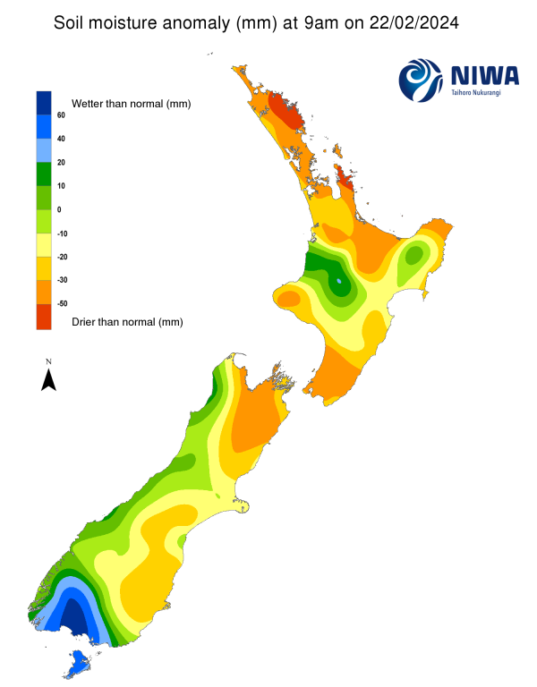 Soil moisture anomaly map (mm) at 9am on 22 February 2024. [NIWA]