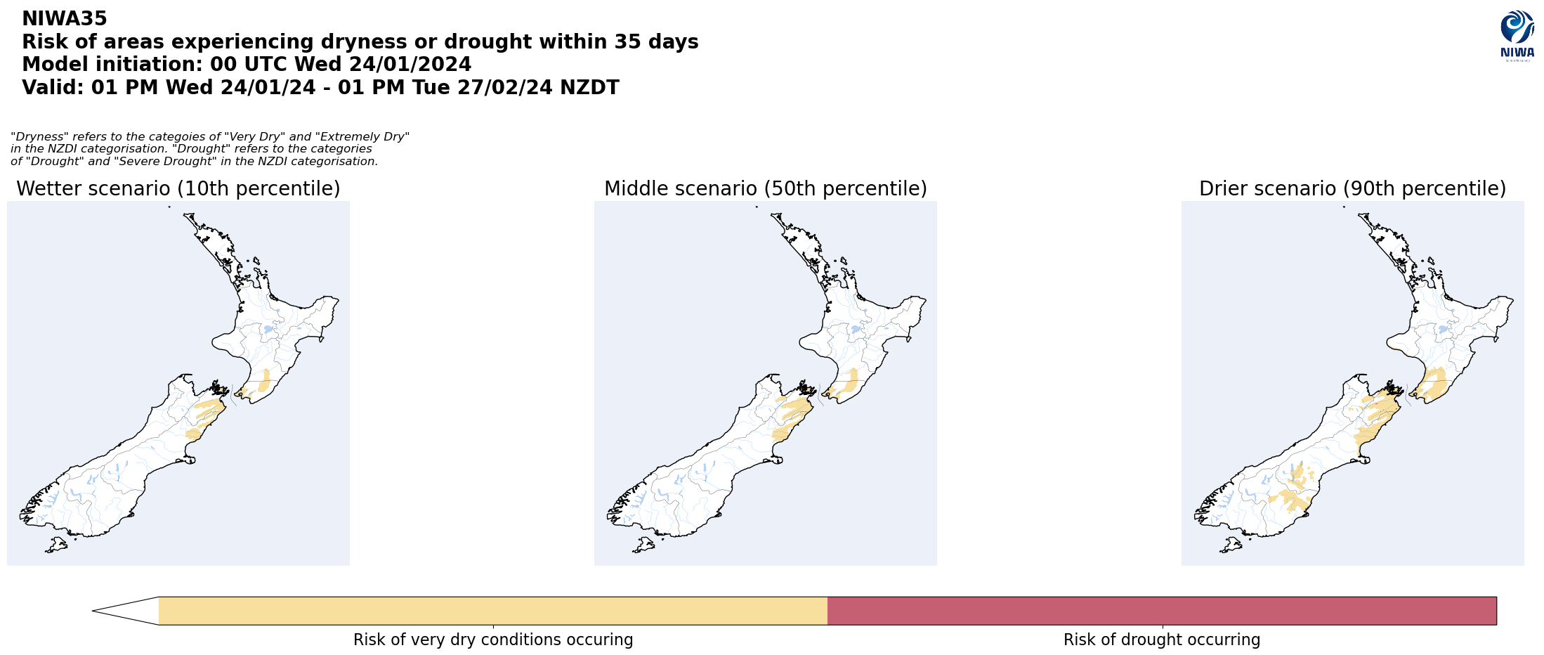 Risk of areas experiencing dryness or drought within 35 days from 24 January 2024