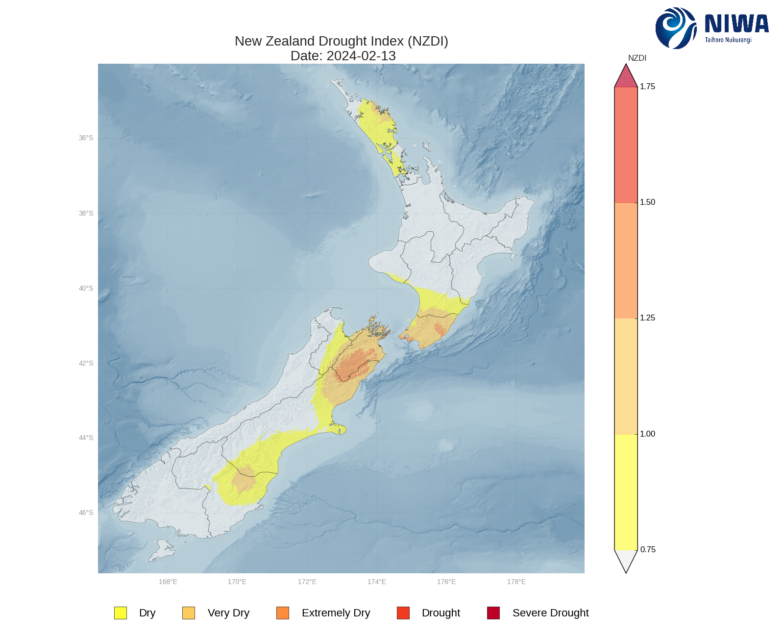 New Zealand Drought Index (NZDI) - 13 February 2024 [NIWA]
