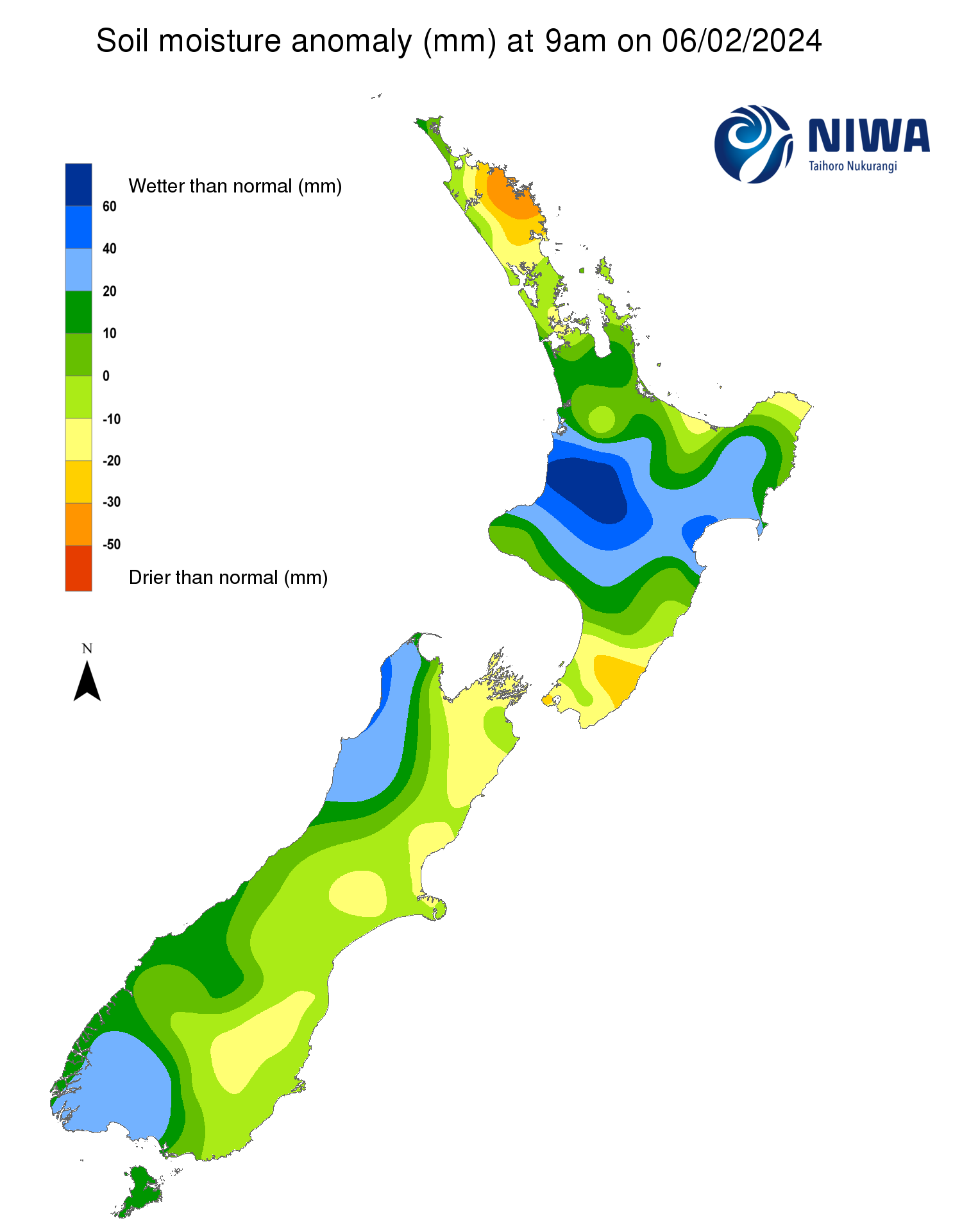 Soil moisture anomaly map (mm) at 9am on 6 February 2024. [NIWA]