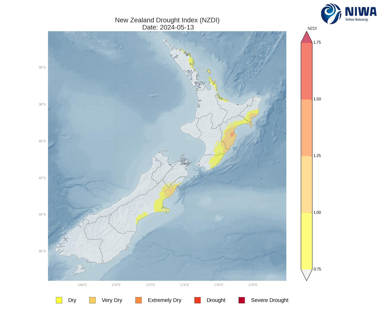 New Zealand Drought Index (NZDI) - 15 May 2024