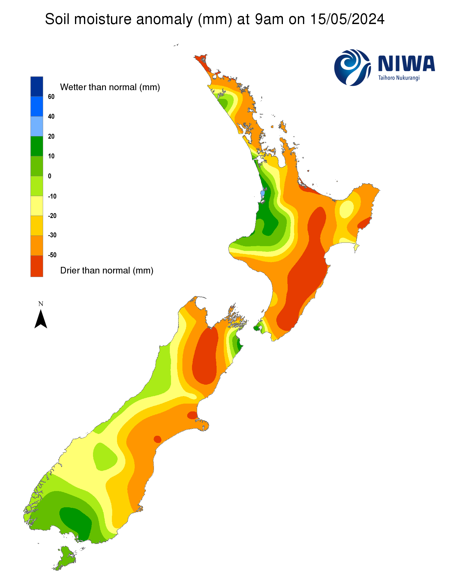 Soil moisture anomaly map (mm) at 9am on 15 May 2015
