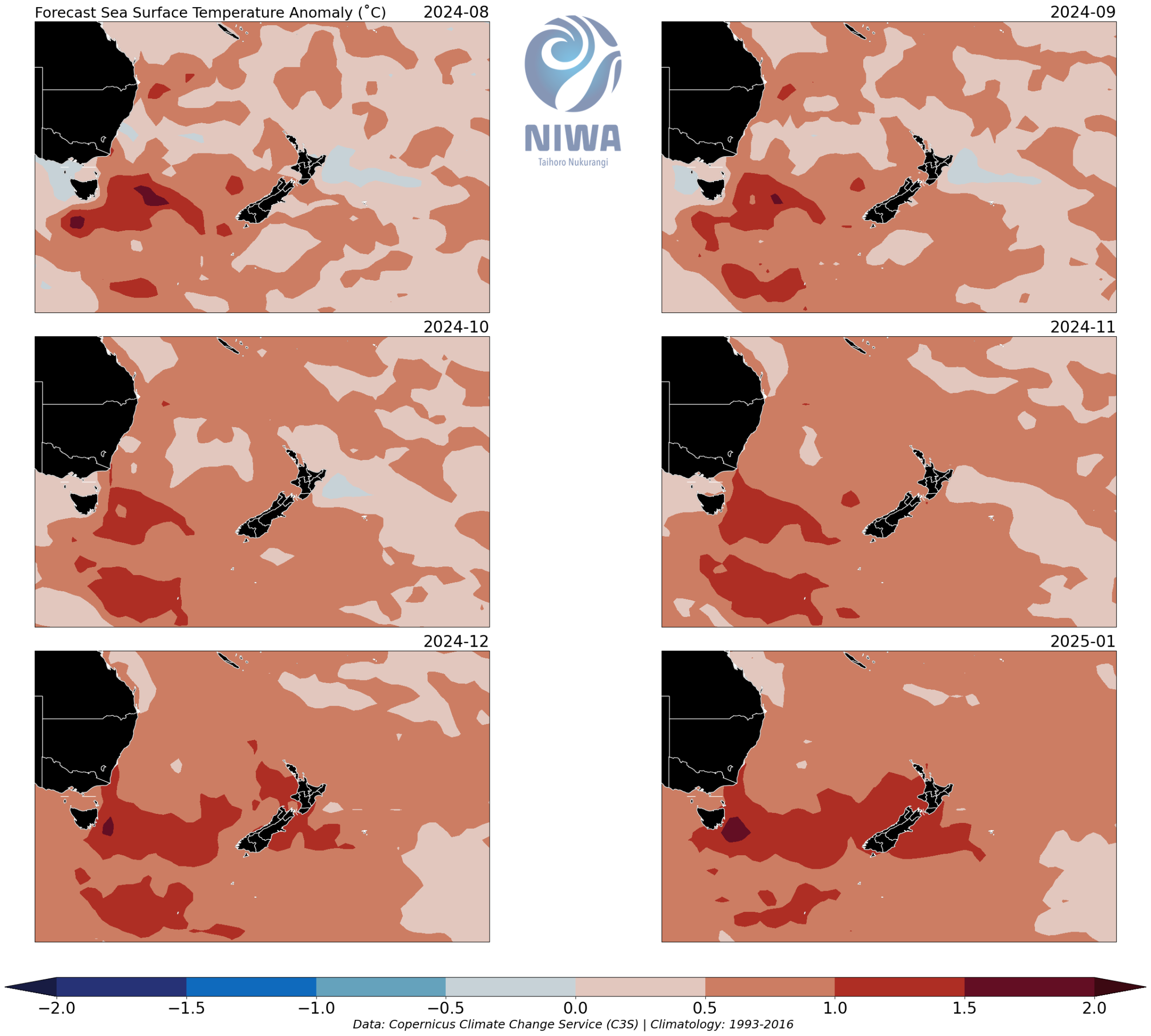 NZ Sea Surface Temperature - August - January 2024