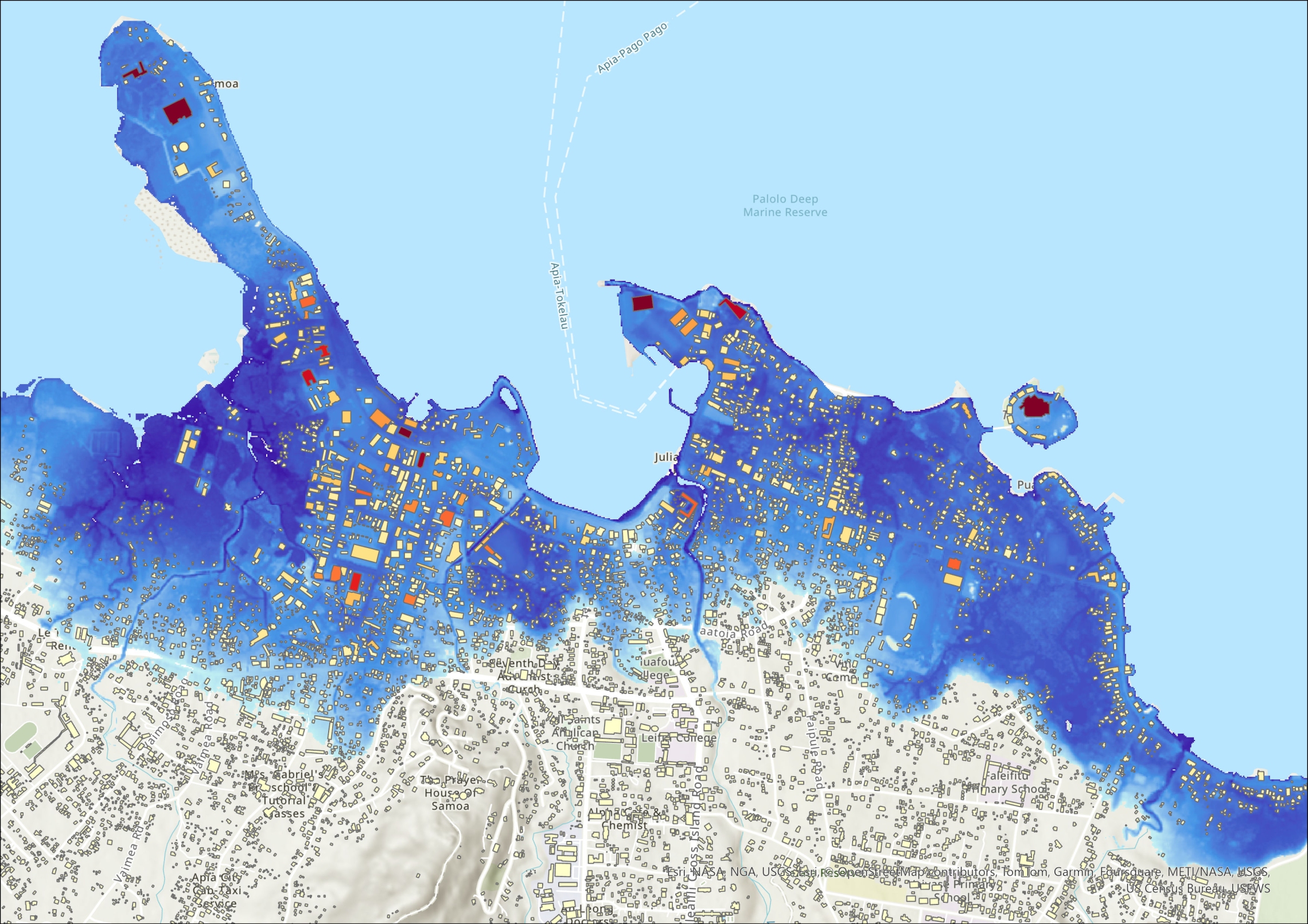 Map showing building loss for a 1 in 100-year storm with 0.5 m sea-level rise for Apia, Samoa.