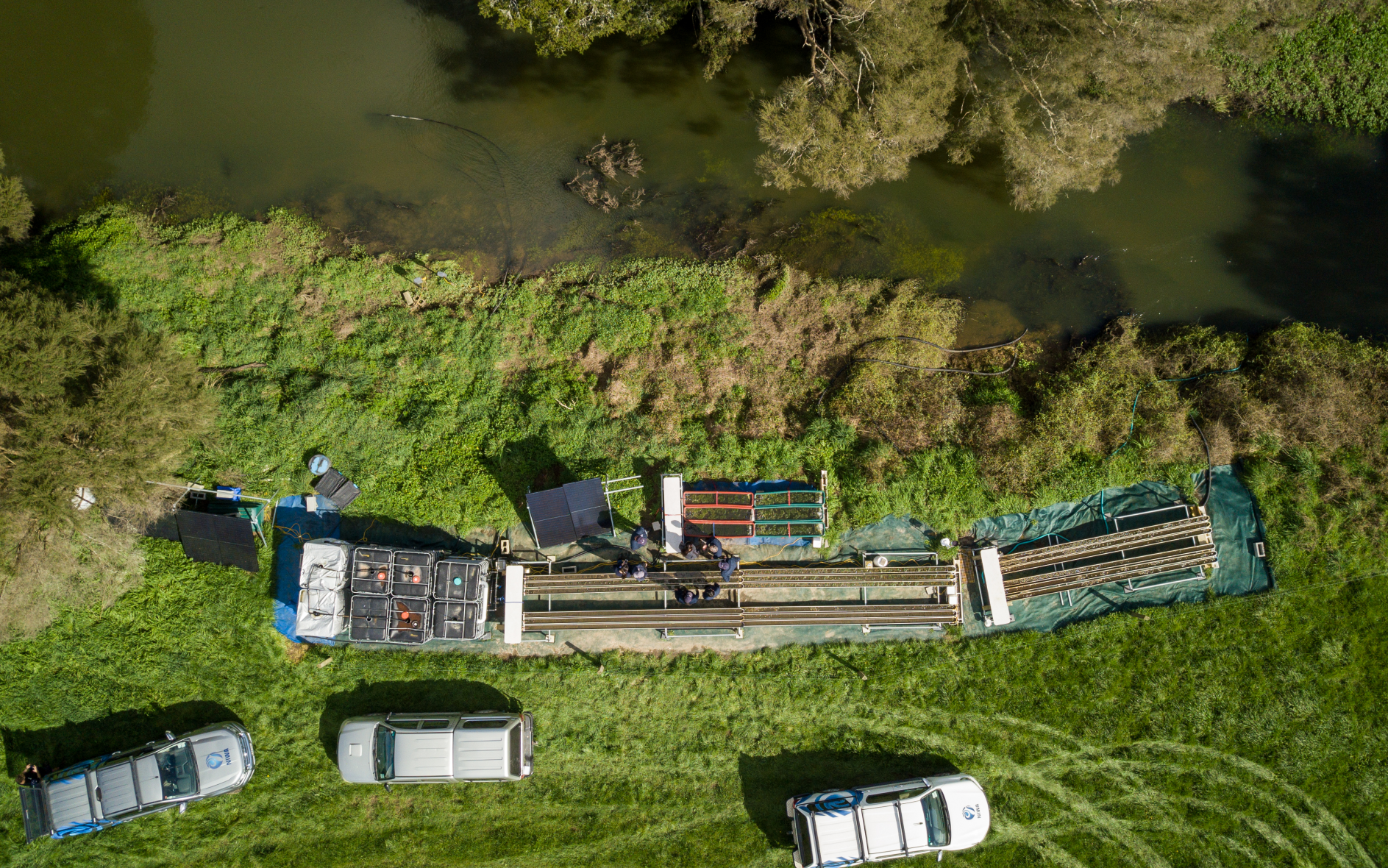 Aerial shot of Filamentous Algae Nutrient scrubbers next to a stream