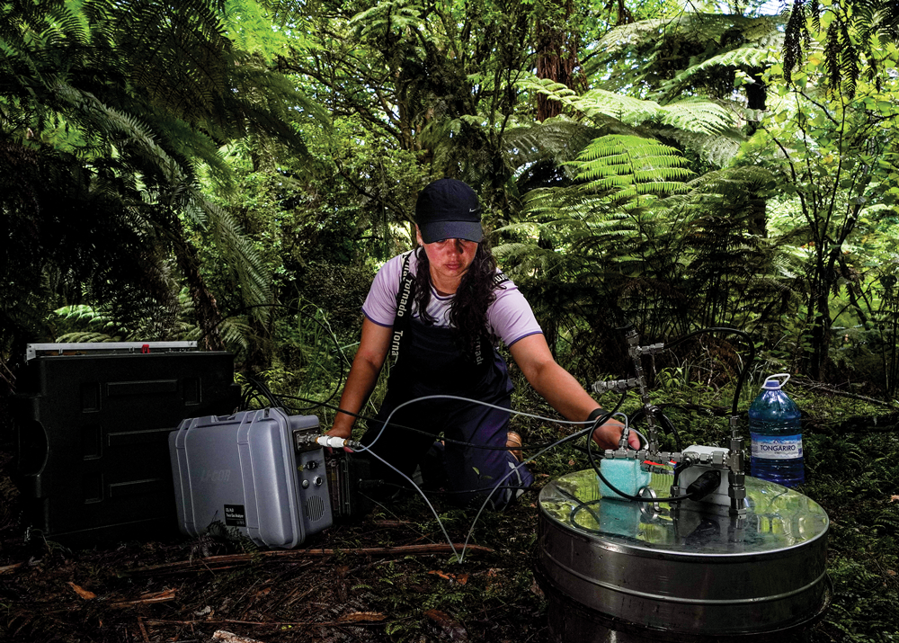 Kararaina collecting soil/air samples in Raukūmara forest.
